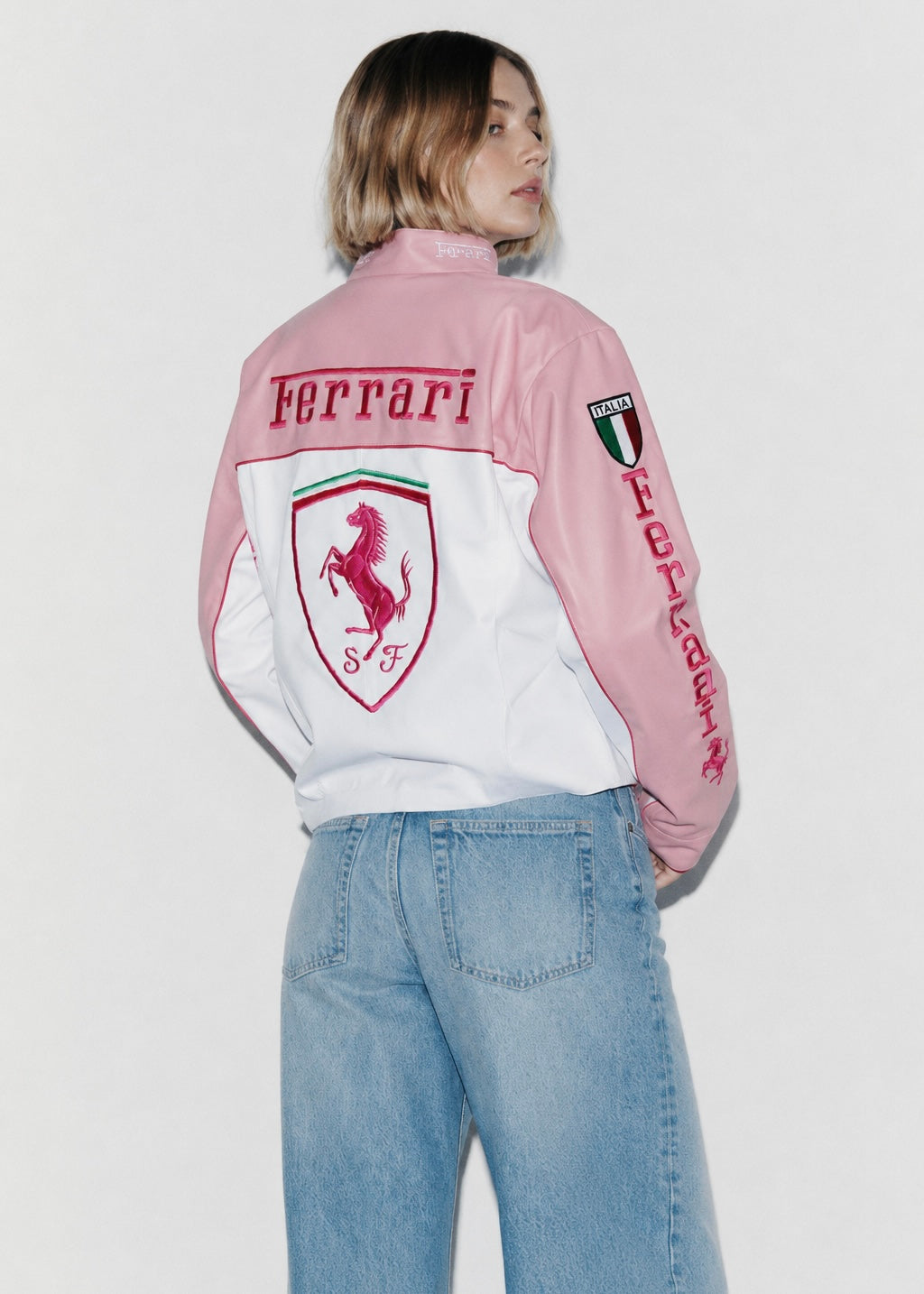 Limited Edition Pink Ferrari Leather Jacket – Exclusive Italian Designer Outerwear for Trendsetters
