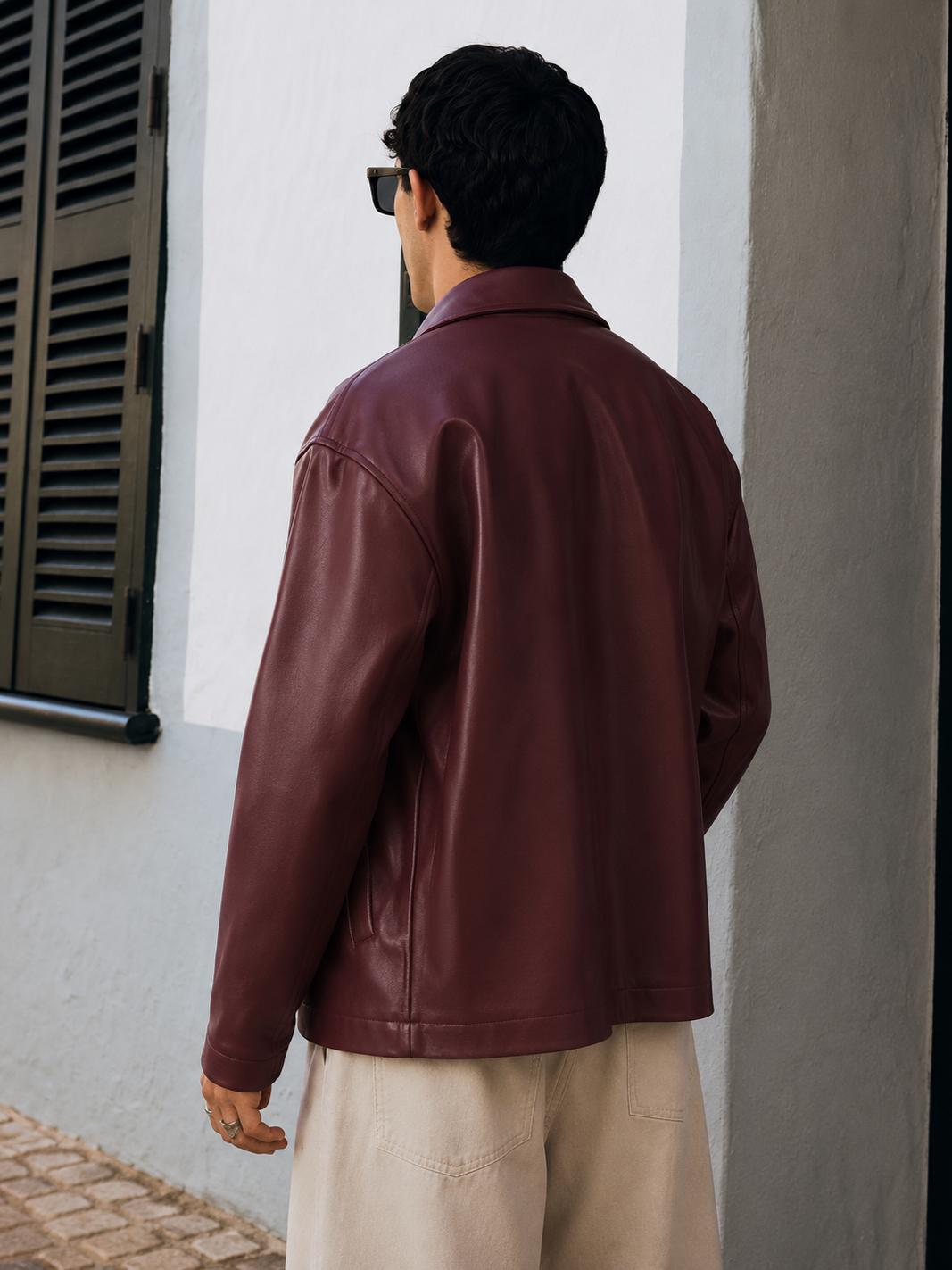 Burgundy Plain Unisex Collar leather jacket