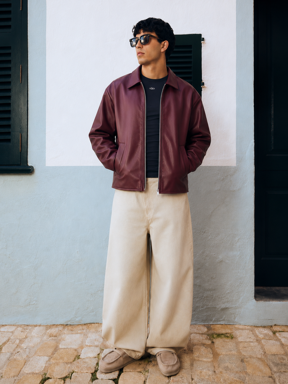 Burgundy Plain Unisex Collar leather jacket