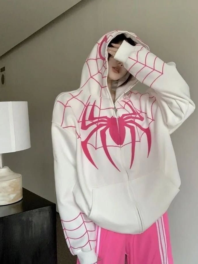 White spider man zip up unisex hoodie