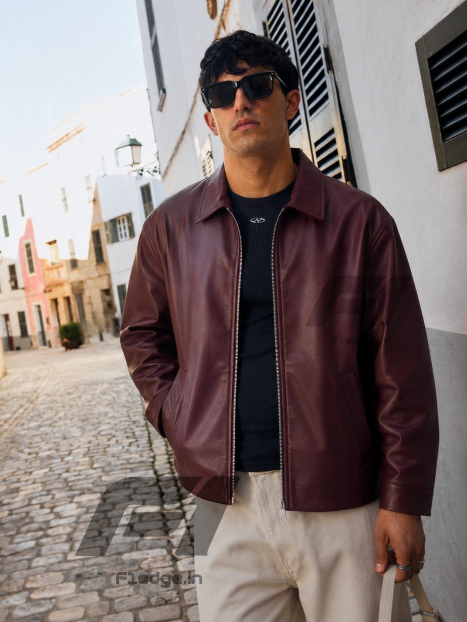 Burgundy Plain Unisex Collar leather jacket