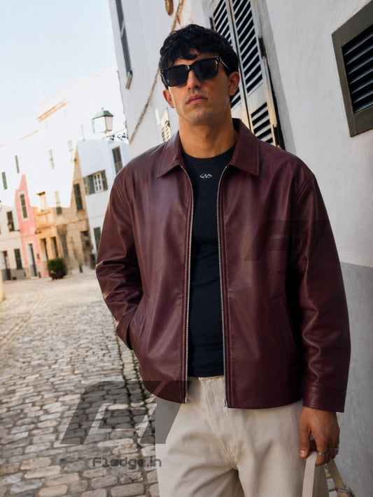 Burgundy Plain Unisex Collar leather jacket