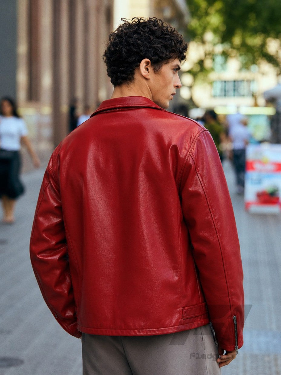 Cherry red plain unisex Leather Jacket